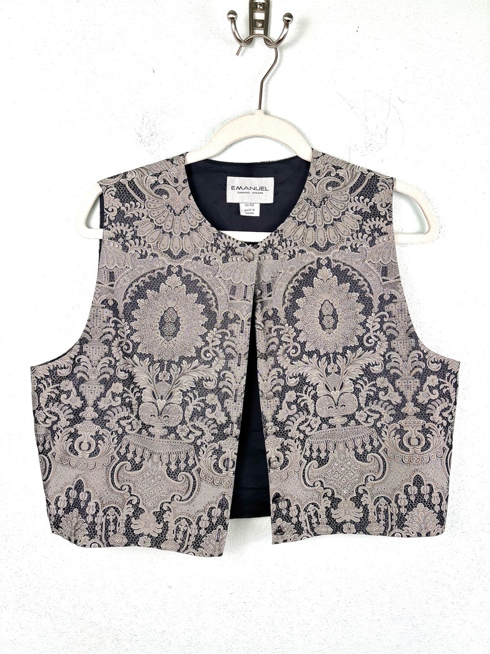 VTG Ungaro 100% Silk Black & White Brocade Vest, Size 14 Emanuel Ungaro